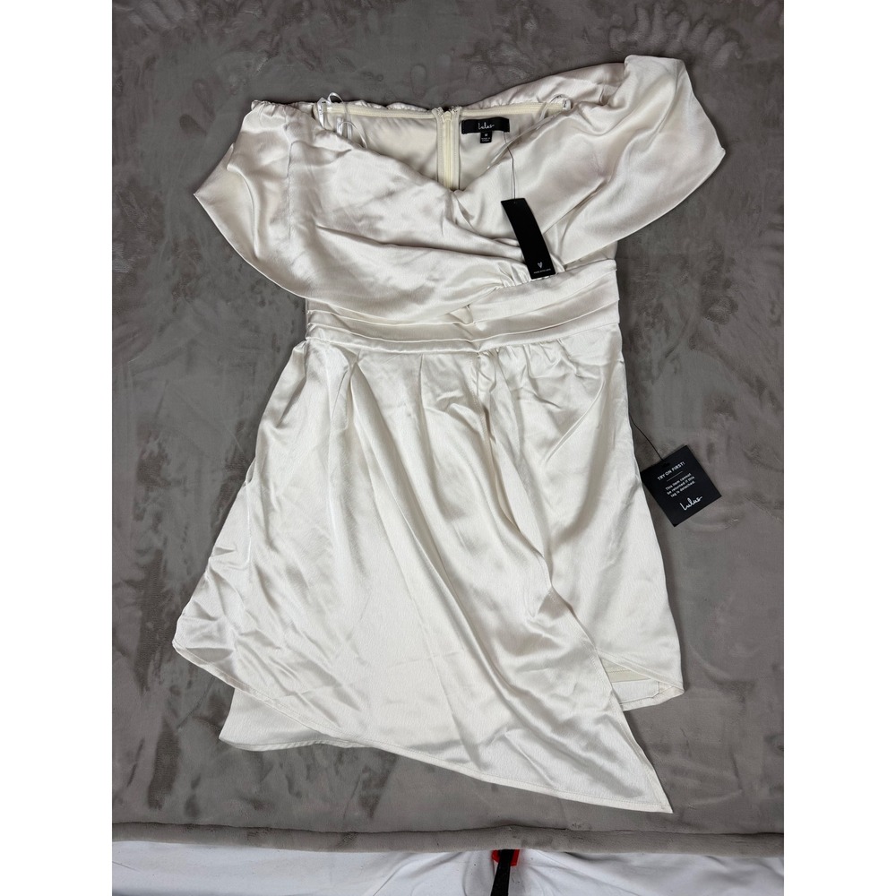 Lulus Satin Off The Shoulder Mini Dress Champagne White Wrap Size M NWT